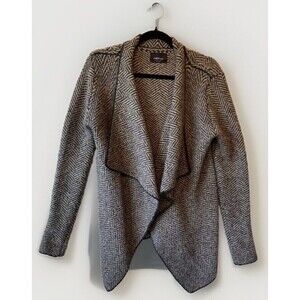ZARA Sweater Cardigan Small Herringbone Dark Brown Black‎ Open Front Black Trim